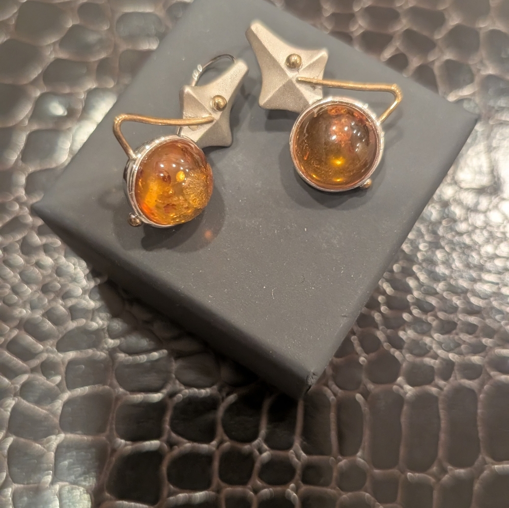 Amber Orb Silver Star Drop Earrings - Honey Amber - Picture 5 of 8